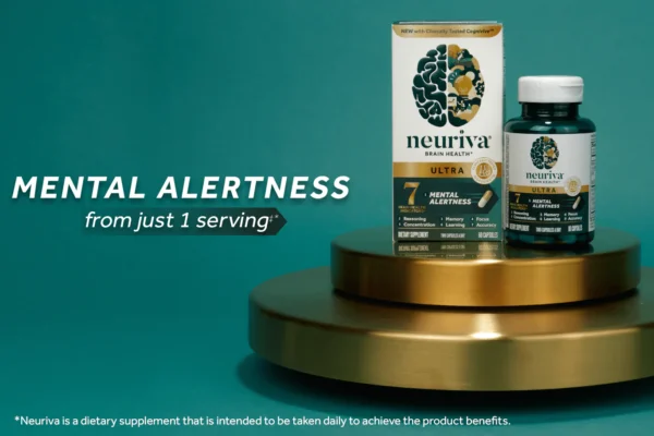 A product display featuring Neuriva Ultra Brain Health dietary supplement. The image shows the product's packaging and bottle placed on a gold circular platform against a teal background. Text on the left reads 'Mental Alertness from just 1 serving,' highlighting the supplement's benefits. The packaging mentions key brain health indicators like reasoning, concentration, memory, focus, learning, and accuracy. A disclaimer at the bottom states, '*Neuriva is a dietary supplement that is intended to be taken daily to achieve the product benefits.