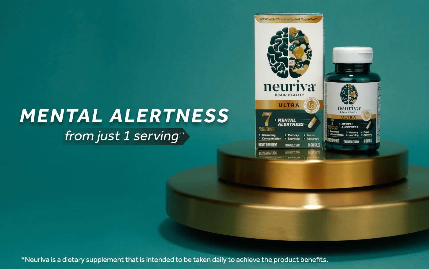 A product display featuring Neuriva Ultra Brain Health dietary supplement. The image shows the product's packaging and bottle placed on a gold circular platform against a teal background. Text on the left reads 'Mental Alertness from just 1 serving,' highlighting the supplement's benefits. The packaging mentions key brain health indicators like reasoning, concentration, memory, focus, learning, and accuracy. A disclaimer at the bottom states, '*Neuriva is a dietary supplement that is intended to be taken daily to achieve the product benefits.