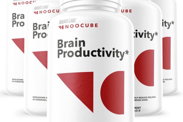 multiple bottles of NooCube Brain Productivity supplement, featuring minimalist white and red packaging with text highlighting benefits like reducing feelings of overwhelm to improve productivity.