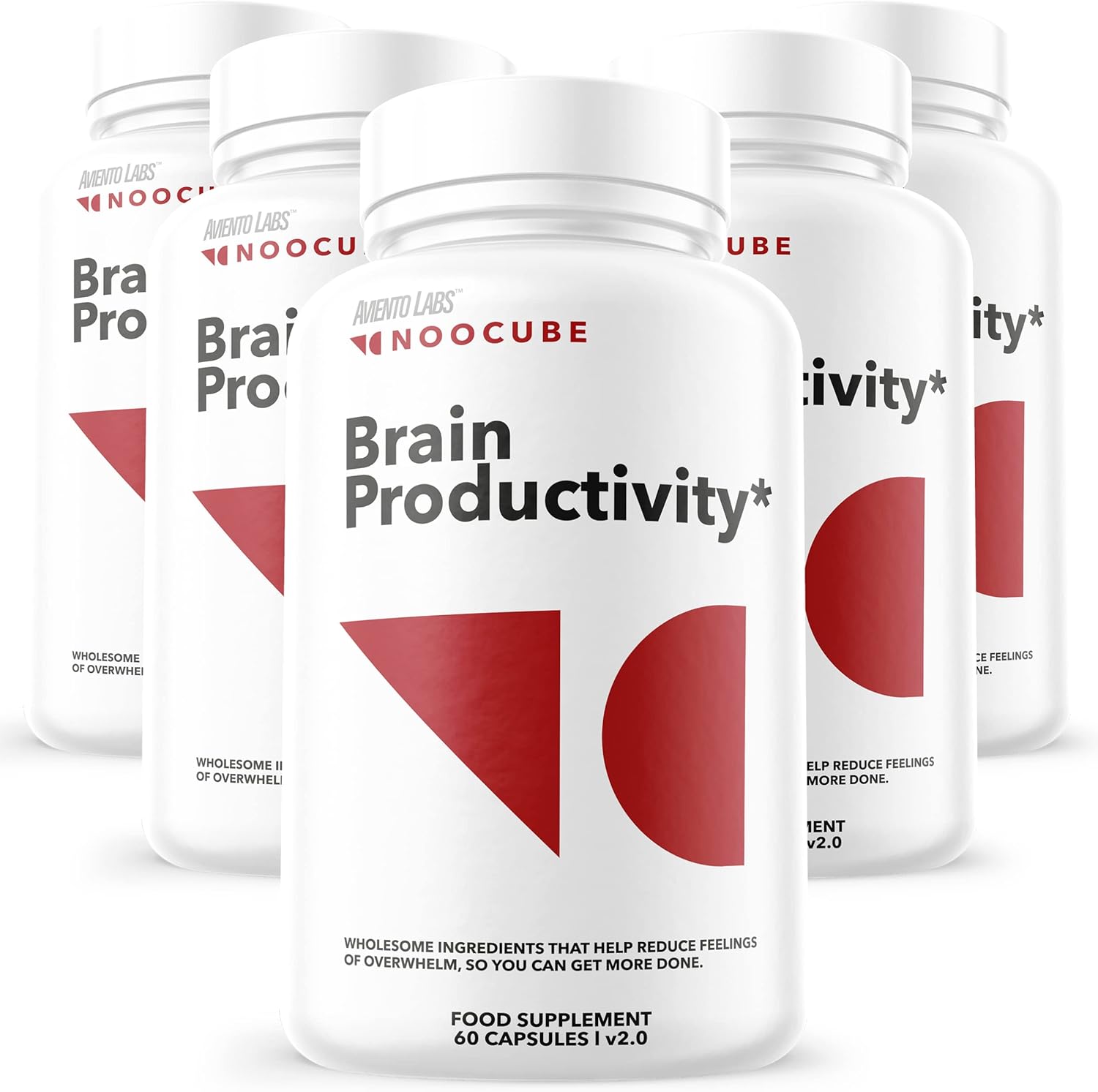 multiple bottles of NooCube Brain Productivity supplement, featuring minimalist white and red packaging with text highlighting benefits like reducing feelings of overwhelm to improve productivity.