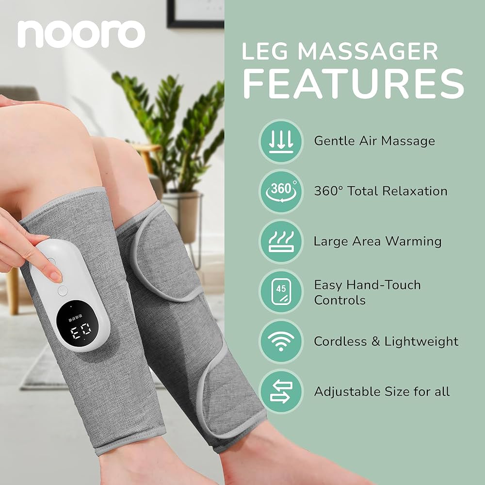 A person using the Nooro Foot Massager device on their calves. The massager is wrapped around both legs, and the user is adjusting the settings on a handheld controller. Text on the right lists features: gentle air massage, 360° total relaxation, large area warming, easy hand-touch controls, cordless & lightweight, and adjustable size for all. The background includes a potted plant and light-colored interior decor