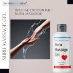 Promotional image for Dermaskin Labs Nuru Massage Gel Therapy, featuring a bottle labeled as water-based and oil-free with a heart icon, alongside an artistic depiction of two hands covered in a clear, slippery gel.