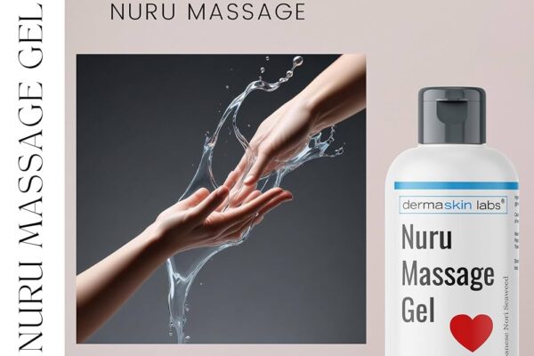 Promotional image for Dermaskin Labs Nuru Massage Gel Therapy, featuring a bottle labeled as water-based and oil-free with a heart icon, alongside an artistic depiction of two hands covered in a clear, slippery gel.