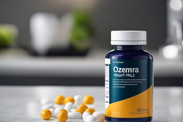 Bottle of Ozemra Pills on a marble countertop with yellow and white capsules scattered around, in a modern kitchen setting.