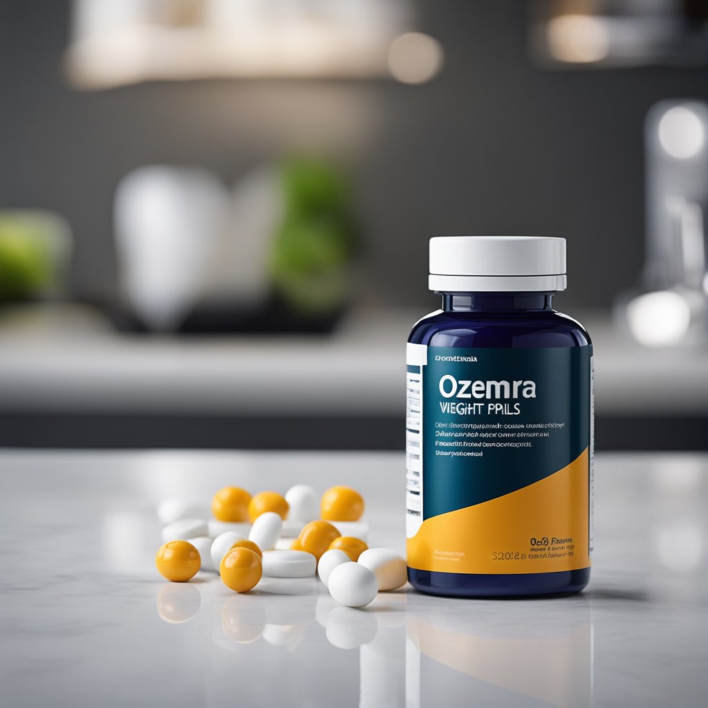 Bottle of Ozemra Pills on a marble countertop with yellow and white capsules scattered around, in a modern kitchen setting.