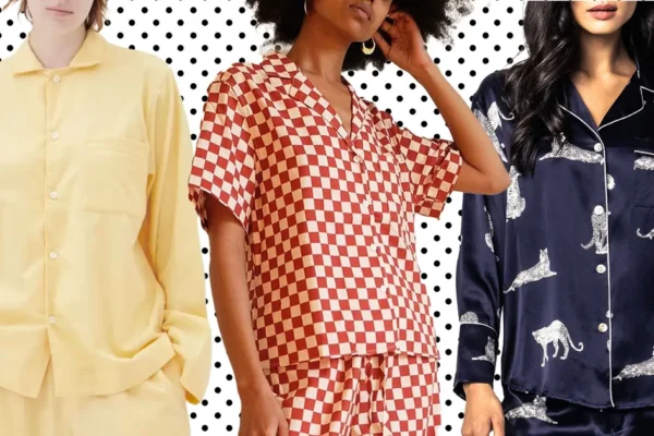 Three women modeling different Pajamas for Women styles against a polka dot background. The styles include a yellow button-up pajama set, a red and white checkered short-sleeve pajama set, and a navy silk pajama set with white animal prints.