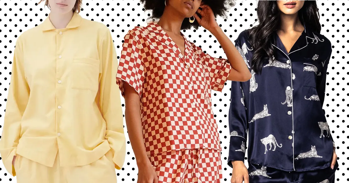 Three women modeling different Pajamas for Women styles against a polka dot background. The styles include a yellow button-up pajama set, a red and white checkered short-sleeve pajama set, and a navy silk pajama set with white animal prints.