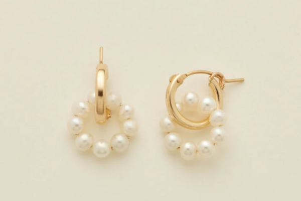 Gold hoop earrings adorned with small white pearls arranged in a circular design