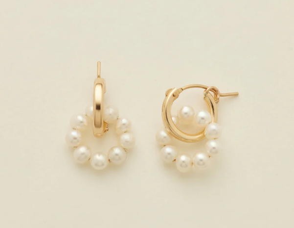 Gold hoop earrings adorned with small white pearls arranged in a circular design