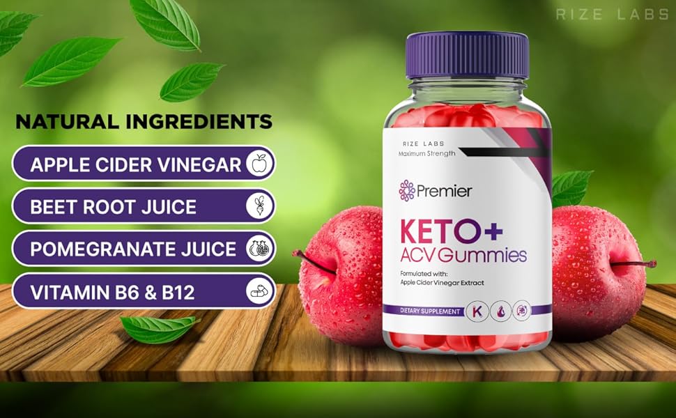 Image of a product titled 'Premier Keto+ ACV Gummies' by Rize Labs, featuring a bottle of gummies with a purple cap and red gummies inside. The image highlights natural ingredients including apple cider vinegar, beetroot juice, pomegranate juice, and vitamins B6 & B12. The background shows fresh apples and green leaves on a wooden surface with a blurred green backdrop.