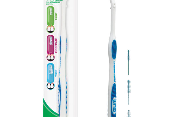 GUM Proxabrush Go-Betweens System featuring a white and blue handle with interchangeable brush heads in different sizes (tight, moderate, wide) for cleaning between teeth