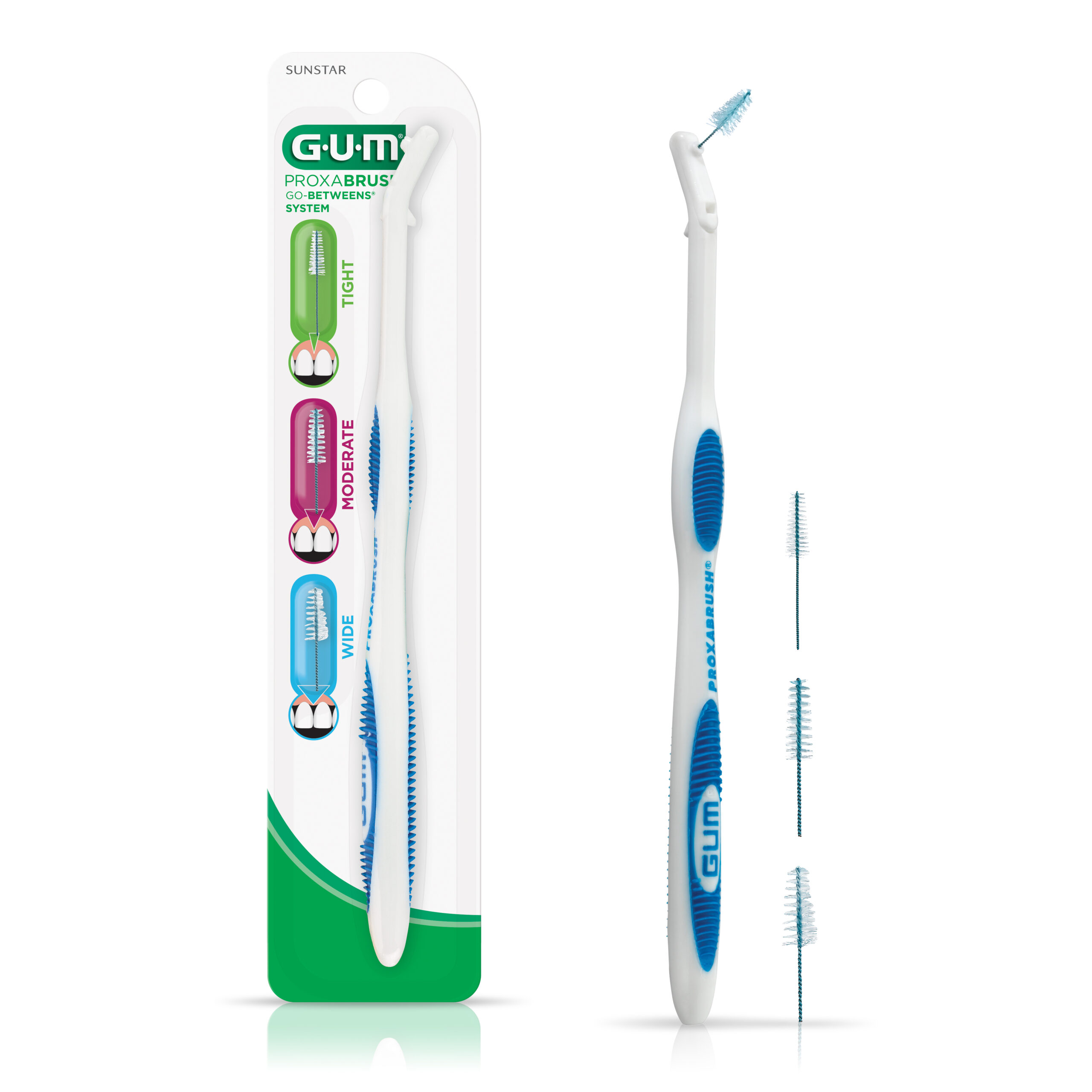 GUM Proxabrush Go-Betweens System featuring a white and blue handle with interchangeable brush heads in different sizes (tight, moderate, wide) for cleaning between teeth