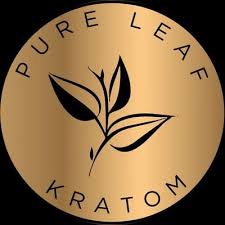 Gold circular logo for Pure Leaf Kratom, featuring a black outline of a leaf design in the center with the brand name 'Pure Leaf Kratom' around the edges.