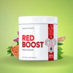 Red Boost Reviews dietary supplement container displayed on a green background, surrounded by natural ingredients like herbs and roots, emphasizing its blood flow support and health benefits.