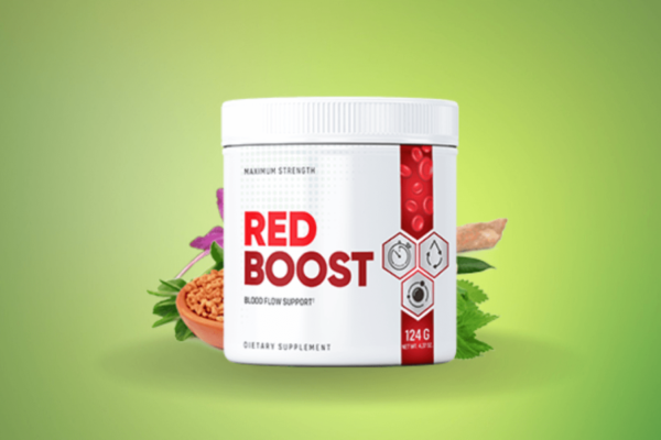 Red Boost Reviews dietary supplement container displayed on a green background, surrounded by natural ingredients like herbs and roots, emphasizing its blood flow support and health benefits.