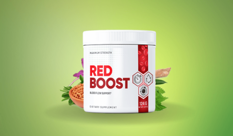 Red Boost Reviews dietary supplement container displayed on a green background, surrounded by natural ingredients like herbs and roots, emphasizing its blood flow support and health benefits.