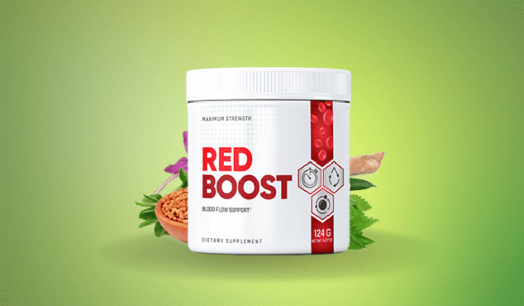 Red Boost Reviews dietary supplement container displayed on a green background, surrounded by natural ingredients like herbs and roots, emphasizing its blood flow support and health benefits.