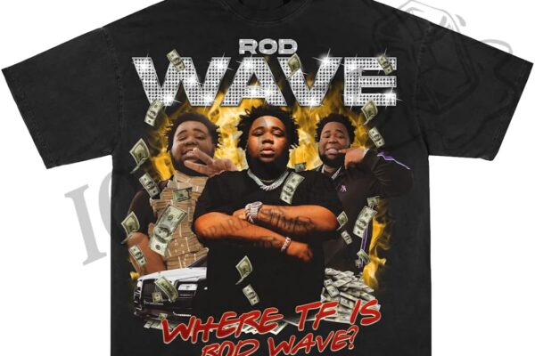 Black T-shirt or Rod Wave Shirt featuring multiple images of rapper Rod Wave with a money theme, including dollar bills and luxury car graphics. The shirt has 'Rod Wave' in bold, diamond-studded font at the top, and 'Where TF is Rod Wave?' in red text at the bottom.