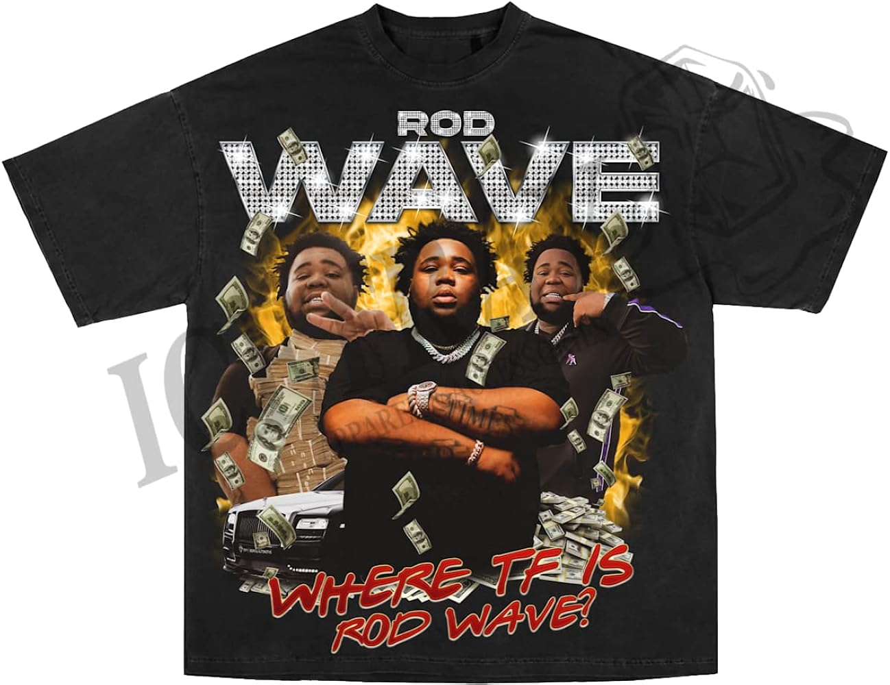 Black T-shirt or Rod Wave Shirt featuring multiple images of rapper Rod Wave with a money theme, including dollar bills and luxury car graphics. The shirt has 'Rod Wave' in bold, diamond-studded font at the top, and 'Where TF is Rod Wave?' in red text at the bottom.