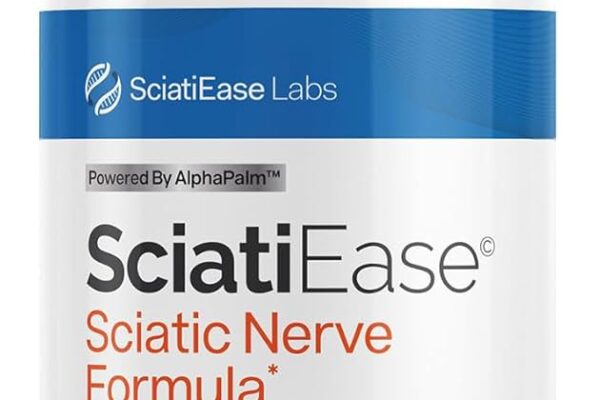 A bottle of SciatiEase Reviews Sciatic Nerve Formula from SciatiEase Labs, featuring a white and blue label. The product claims to support daily comfort, nerve health, and a healthy inflammatory response. The bottle contains 120 capsules made from 12 research-backed vitamins and herbs.