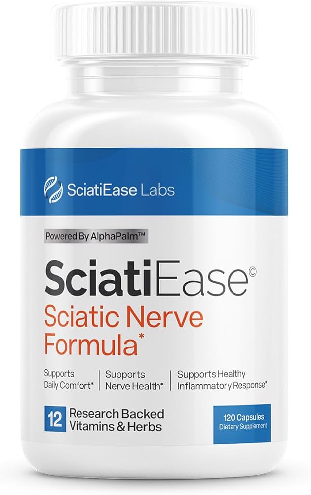 A bottle of SciatiEase Reviews Sciatic Nerve Formula from SciatiEase Labs, featuring a white and blue label. The product claims to support daily comfort, nerve health, and a healthy inflammatory response. The bottle contains 120 capsules made from 12 research-backed vitamins and herbs.