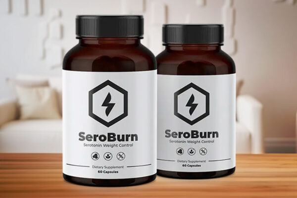 Two bottles of SeroBurn dietary supplement labeled 'Serotonin Weight Control,' placed on a wooden surface with a modern interior background.