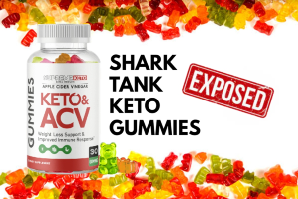 Bottle of Supreme Keto ACV Gummies with colorful gummy bears in the background and text reading 'Shark Tank Keto Gummies Exposed.