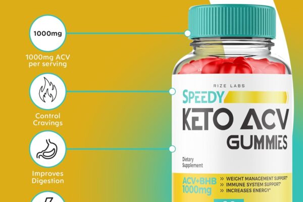 A bottle of Speedy Keto ACV Gummies by Rize Labs, featuring 1000mg of apple cider vinegar (ACV) per serving. The bottle contains red heart-shaped gummies and highlights benefits such as weight management support, immune system support, increased energy, appetite control, and improved digestion. The label states 'ACV+BHB 1000mg' and indicates that each bottle contains 60 gummies. The background is a gradient of yellow and green.