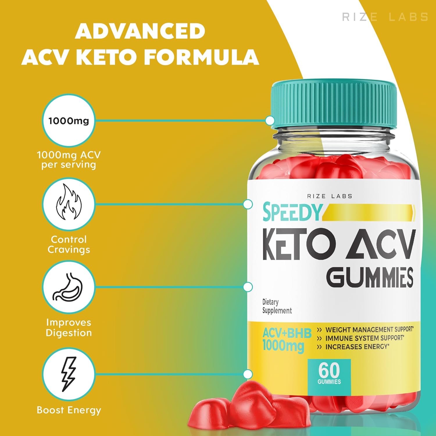 A bottle of Speedy Keto ACV Gummies by Rize Labs, featuring 1000mg of apple cider vinegar (ACV) per serving. The bottle contains red heart-shaped gummies and highlights benefits such as weight management support, immune system support, increased energy, appetite control, and improved digestion. The label states 'ACV+BHB 1000mg' and indicates that each bottle contains 60 gummies. The background is a gradient of yellow and green.