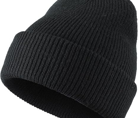 Black ribbed knit Stocking Caps with a folded cuff, providing a simple and classic winter style.