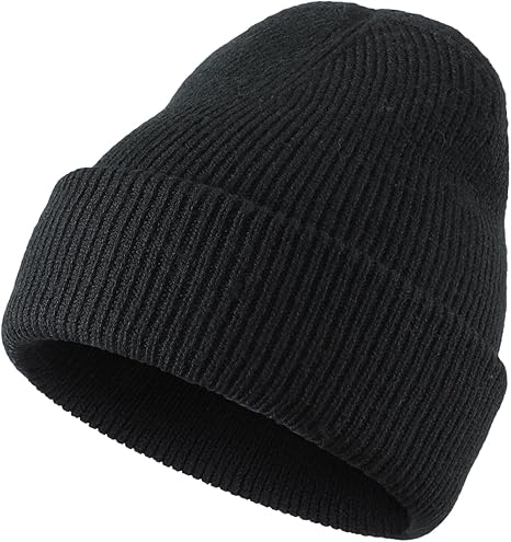 Black ribbed knit Stocking Caps with a folded cuff, providing a simple and classic winter style.