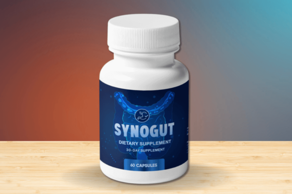 SynoGut dietary supplement bottle on a wooden surface, featuring a blue label with a digestive health design and text.