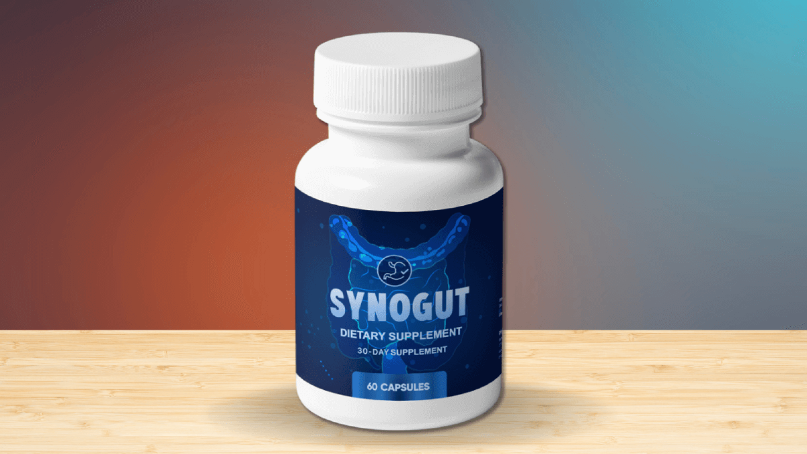 SynoGut dietary supplement bottle on a wooden surface, featuring a blue label with a digestive health design and text.