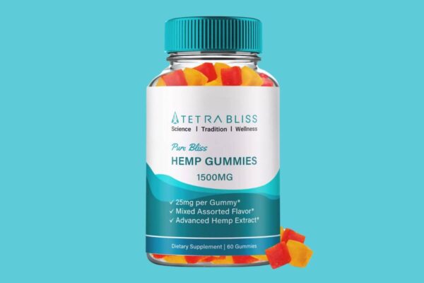 A bottle of Tetra Bliss CBD Gummies, containing 1500mg of hemp extract. The label highlights features such as 25mg per gummy, mixed assorted flavors, and advanced hemp extract. The bottle is transparent, showing colorful red, yellow, and orange gummy cubes inside, with a few gummies placed outside near the bottom. The background is a solid turquoise color.