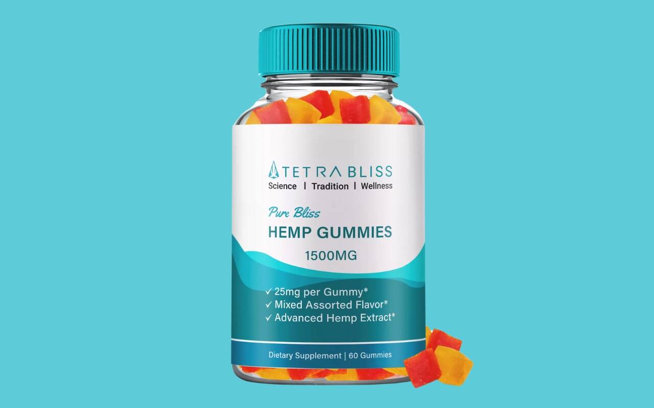 A bottle of Tetra Bliss CBD Gummies, containing 1500mg of hemp extract. The label highlights features such as 25mg per gummy, mixed assorted flavors, and advanced hemp extract. The bottle is transparent, showing colorful red, yellow, and orange gummy cubes inside, with a few gummies placed outside near the bottom. The background is a solid turquoise color.