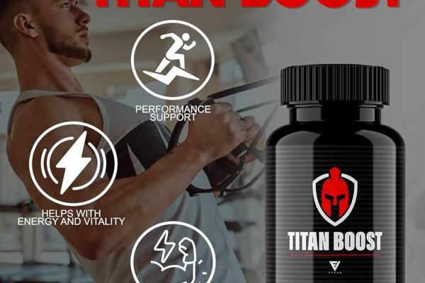 Promotional image for Titan Boost dietary supplement, featuring a muscular man exercising, alongside icons highlighting benefits such as performance support, energy and vitality, and strength and durability.