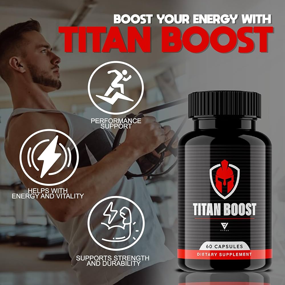 Promotional image for Titan Boost dietary supplement, featuring a muscular man exercising, alongside icons highlighting benefits such as performance support, energy and vitality, and strength and durability.