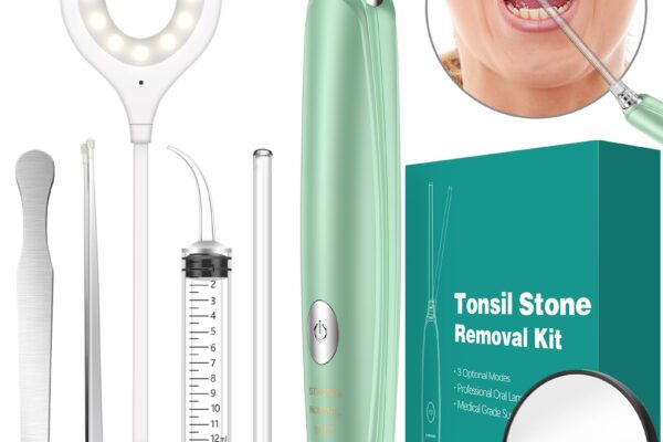 Tonsil stone removal kit featuring various tools, including a green electronic device with an LED light, a syringe, tweezers, a round magnifying mirror, and a stainless steel tool. The kit is accompanied by a product box labeled 'Tonsil Stone Removal Kit,' and an inset image shows a close-up of someone using one of the tools to remove tonsil stones from their mouth.