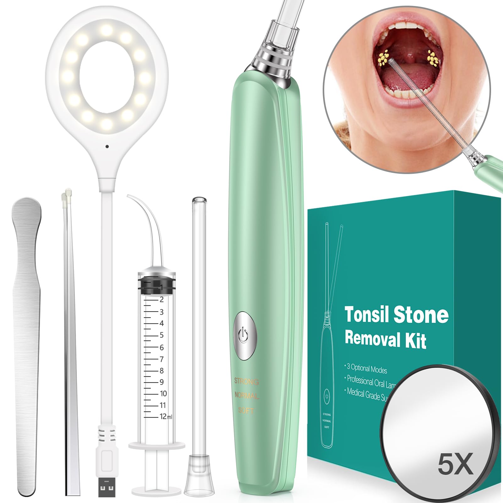 Tonsil stone removal kit featuring various tools, including a green electronic device with an LED light, a syringe, tweezers, a round magnifying mirror, and a stainless steel tool. The kit is accompanied by a product box labeled 'Tonsil Stone Removal Kit,' and an inset image shows a close-up of someone using one of the tools to remove tonsil stones from their mouth.