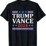 Black t-shirt featuring a political design that reads 'Trump Vance 2024' in bold white and red letters, surrounded by blue stars and red and blue stripes.