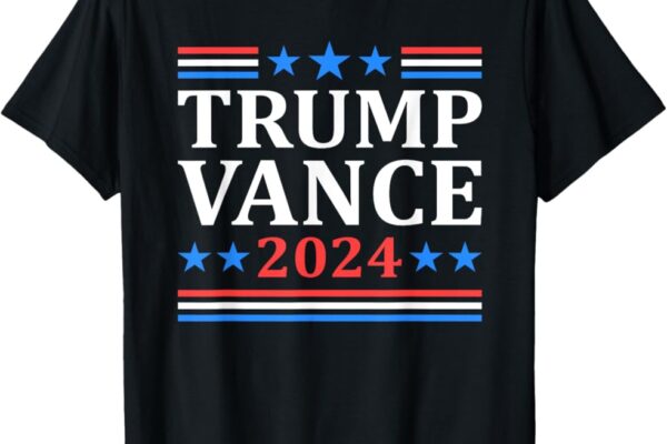 Black t-shirt featuring a political design that reads 'Trump Vance 2024' in bold white and red letters, surrounded by blue stars and red and blue stripes.