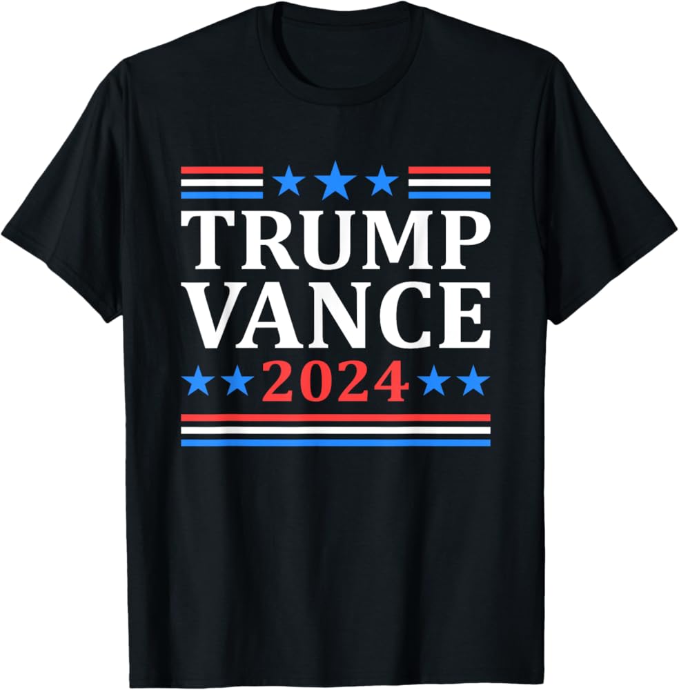 Black t-shirt featuring a political design that reads 'Trump Vance 2024' in bold white and red letters, surrounded by blue stars and red and blue stripes.