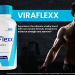 Image showcasing Viraflexx Male Enhancement Performance Support supplement bottle alongside a muscular man in a dark background, highlighting benefits like enhanced strength, stamina, libido, and energy.