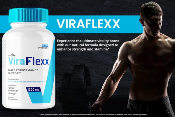 Image showcasing Viraflexx Male Enhancement Performance Support supplement bottle alongside a muscular man in a dark background, highlighting benefits like enhanced strength, stamina, libido, and energy.