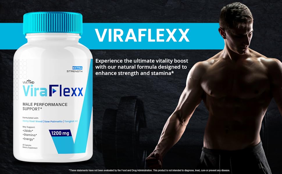 Image showcasing Viraflexx Male Enhancement Performance Support supplement bottle alongside a muscular man in a dark background, highlighting benefits like enhanced strength, stamina, libido, and energy.