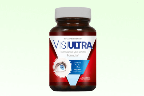 VisiUltra dietary supplement bottle labeled as a premium eye health formula with 14 ingredients, containing 60 capsules for a 30-day supply.