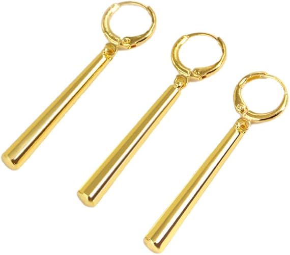 A set of three gold Zoro Earrings with long, sleek pendants, arranged side by side against a white background.