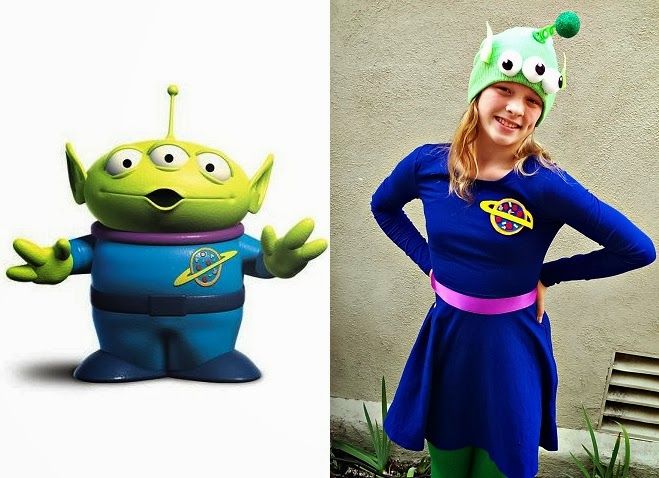 Side-by-side image featuring the green three-eyed alien character from Toy Story Alien Costume on the left and a person dressed in a costume inspired by the character on the right. The costume includes a blue dress with a planet emblem, a pink belt, green leggings, and a green hat resembling the alien's head with three eyes and an antenna.