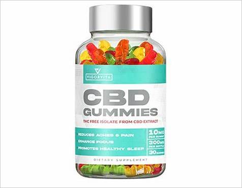 Bottle of Vigor Vita CBD Gummies with colorful gummy bears, labeled to reduce aches, improve focus, and promote sleep.