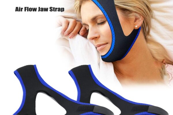 woman sleeping while wearing a black and blue Airflow Jaw Strap Reviews to reduce snoring, with two additional jaw straps displayed below. The text reads 'Airflow Jaw Strap Veralabs' and 'Air Flow Jaw Strap.